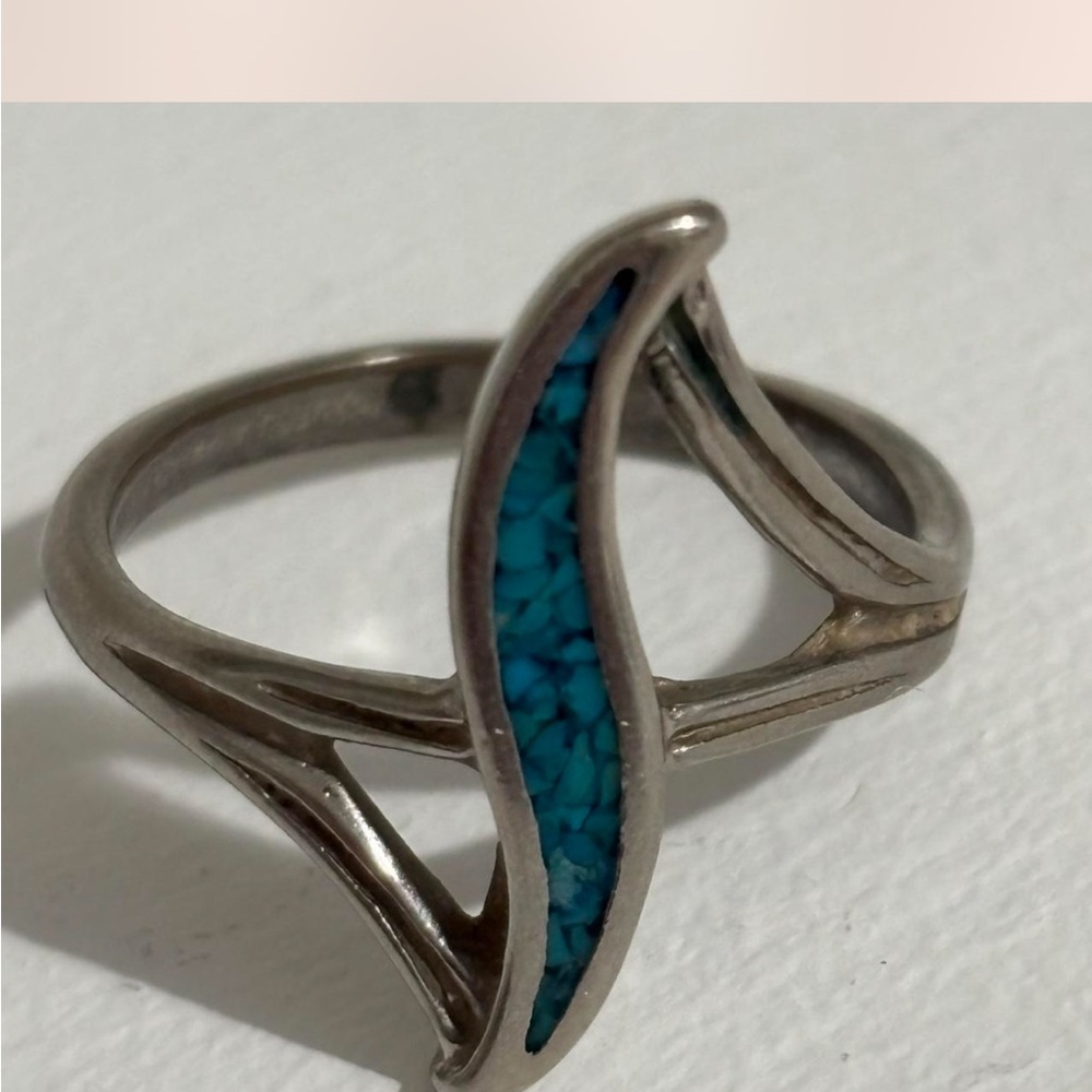 Vintage Sterling Silver Turquoise Inlay Ring • Size 9 - Picture 2 of 7